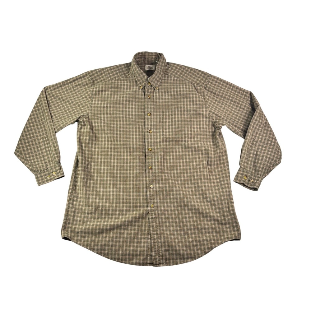 LL Bean Mens XL Tall Plaid Button Down Shirt Green Brown Cotton Long Sleeve